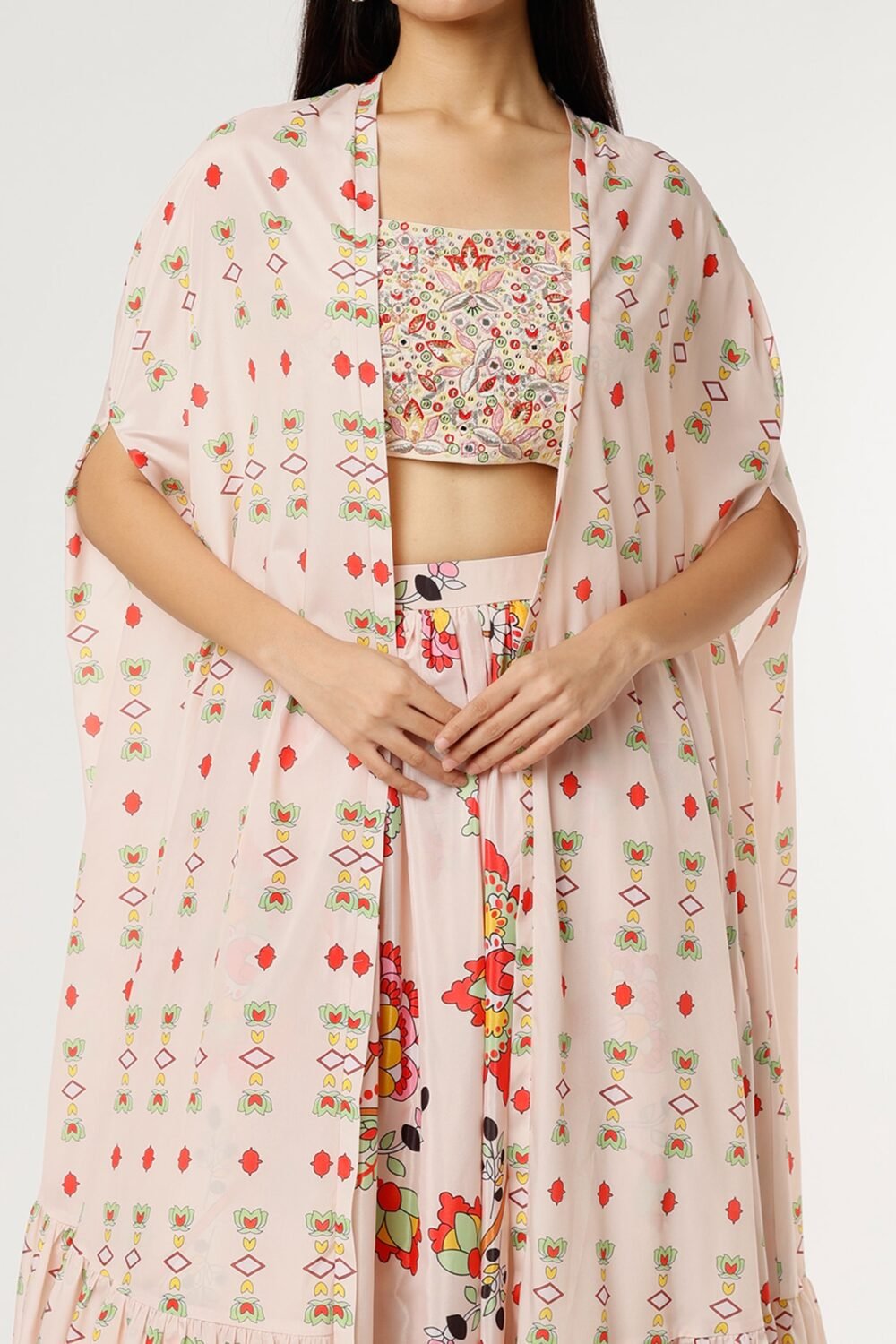 Beige Crepe Printed Jacket Lehenga Set POOR082233_4