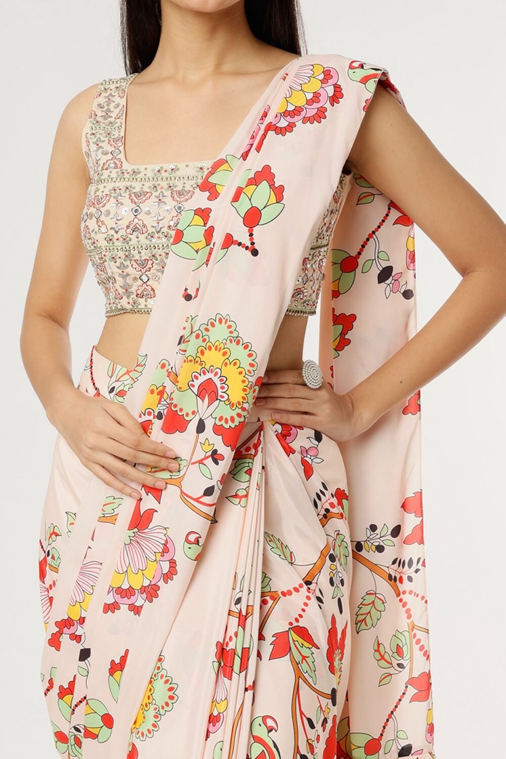 Beige Printed Saree Set POOR082245_3