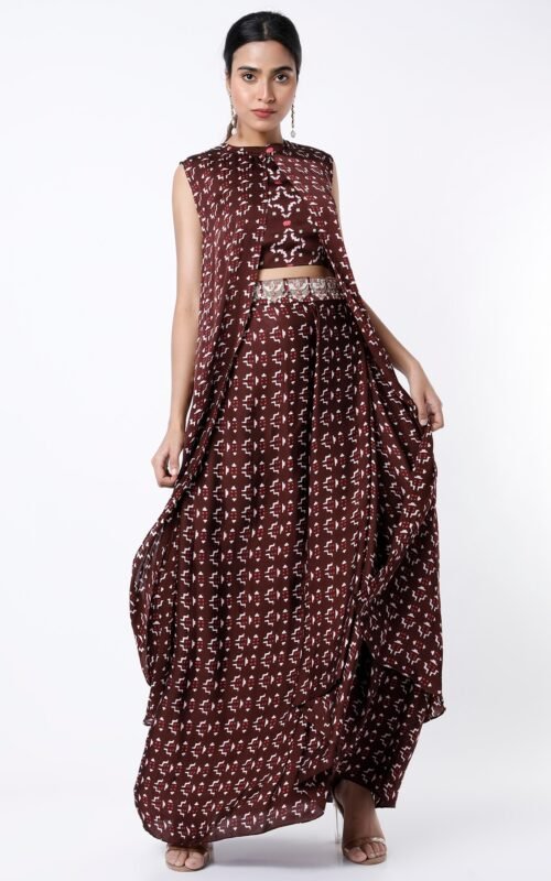 Brown Digital Printed Draped Skirt Set POOR112108_12