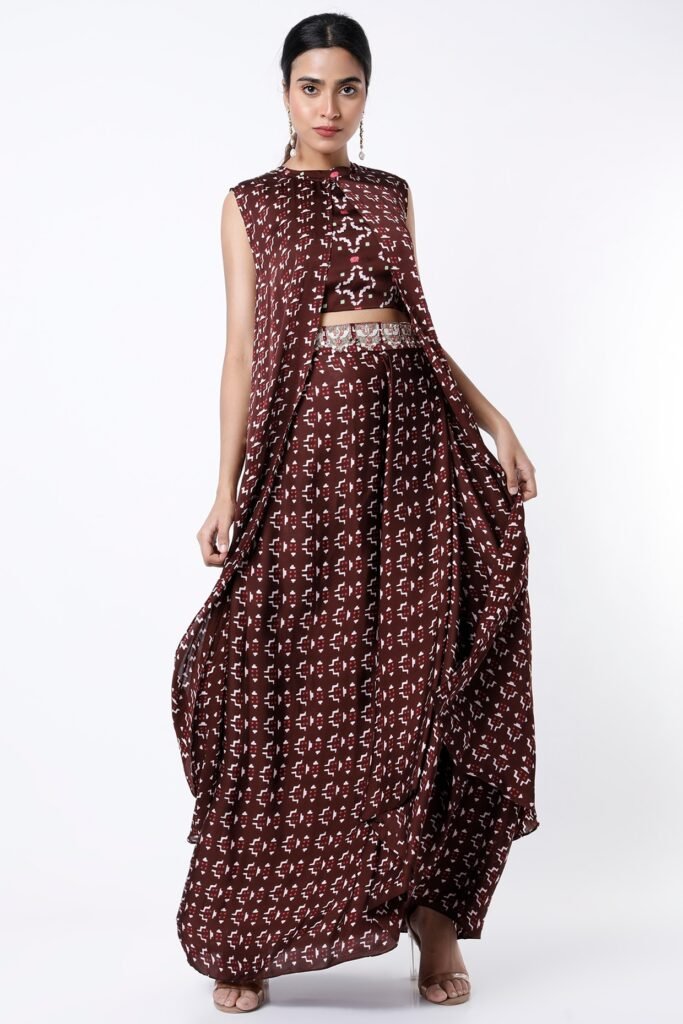 Brown Digital Printed Draped Skirt Set POOR112108_12