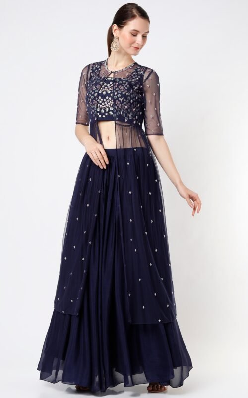 Dark Navy Blue Chiffon Lehenga SetPOOR012245_12