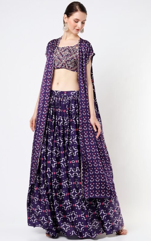 Dark Purple Printed Jacket Saree SetPOOR012247_1