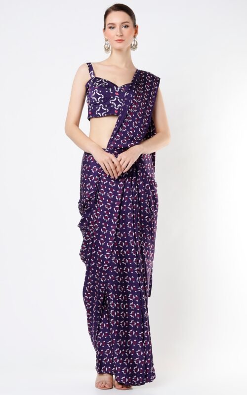 Dark Purple Printed Pre-Stitched Saree SetPOOR012237_12