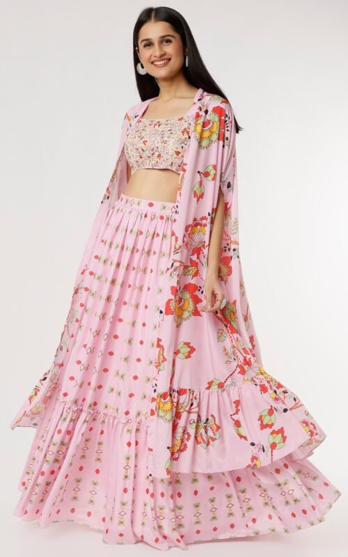 Pink Printed Jacket Lehenga SetPOOR082222_1