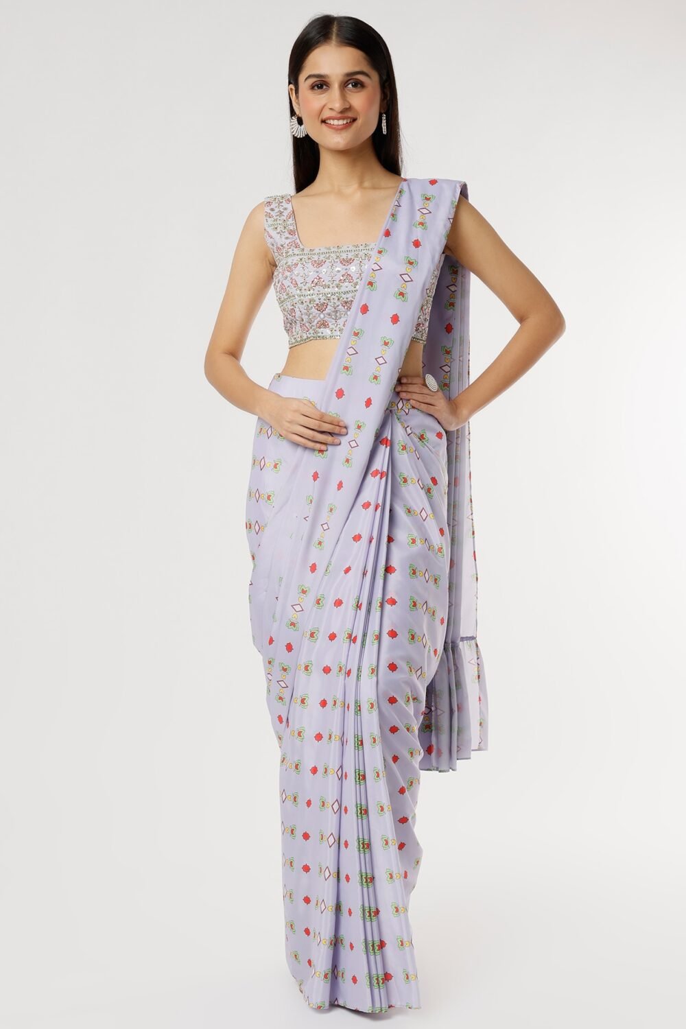 Powder Blue Printed Saree SetPOOR082228_1