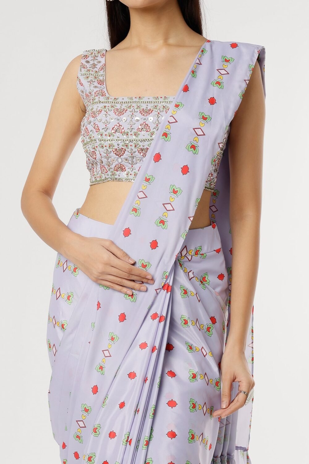 Powder Blue Printed Saree SetPOOR082228_3