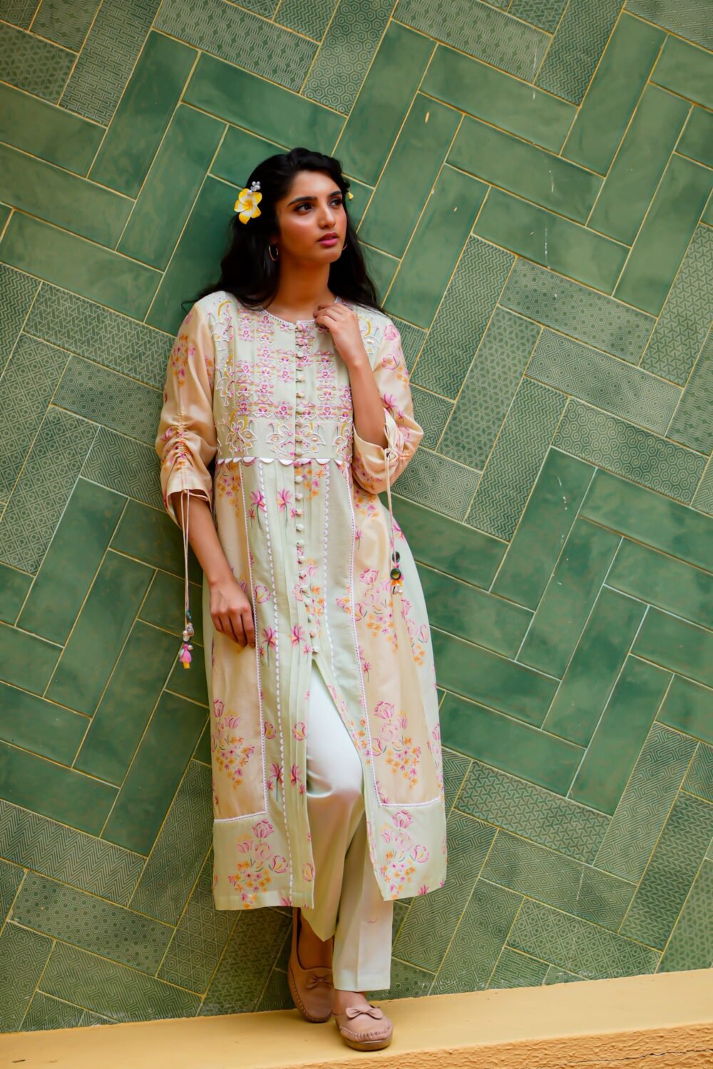 Mint and Beige panel kurta set