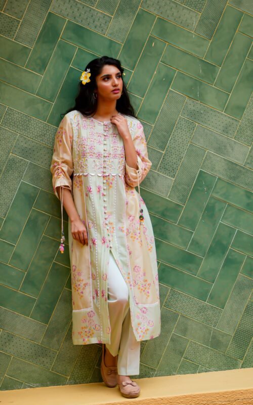 Mint and Beige panel kurta set